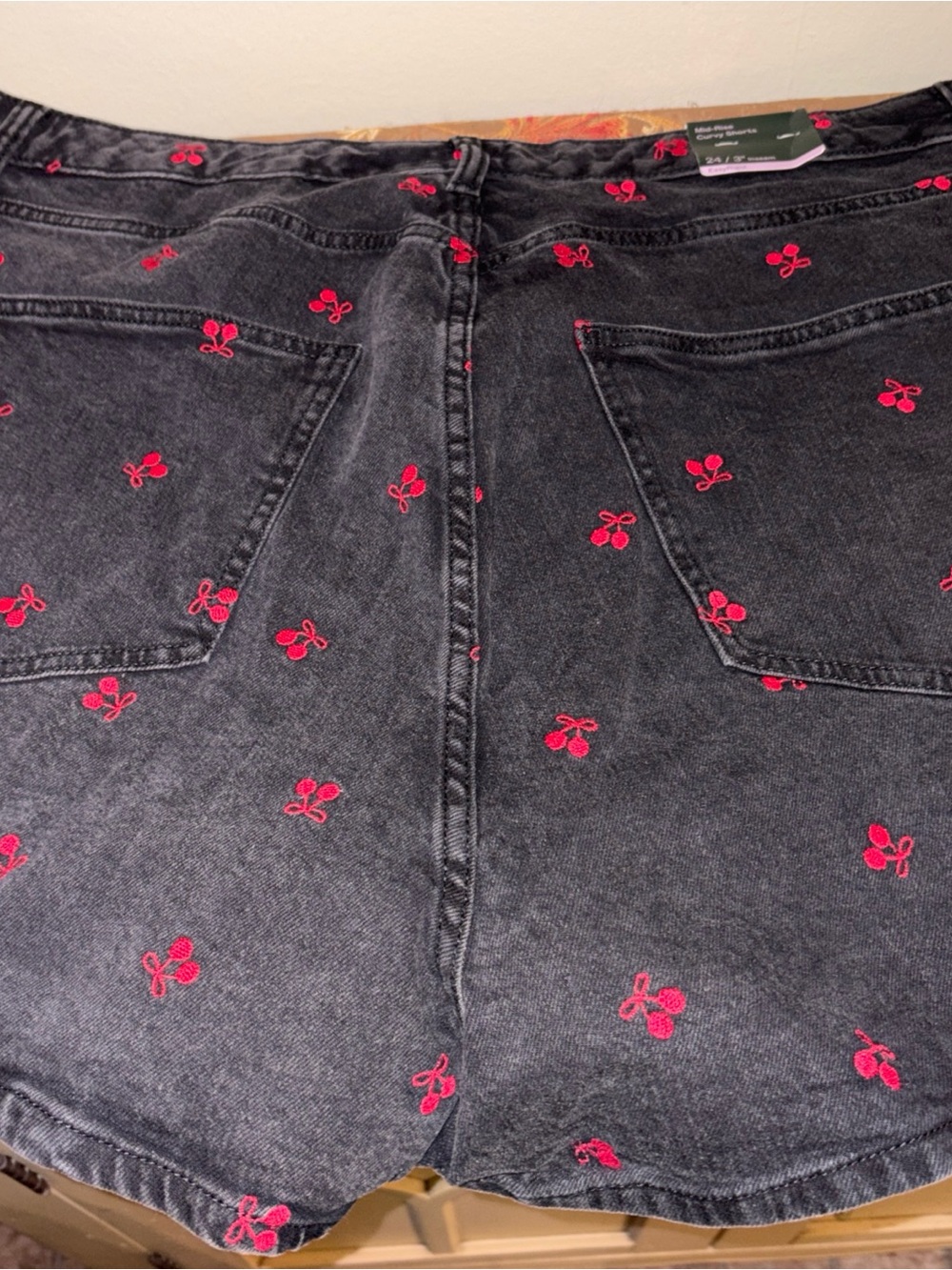 wild fable Black Denim Shorts with Red Embroidered Cherries - Picture 4 of 4